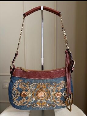Dolce & Gabbana Y2K Denim Leather Crystal Embellished Shoulder Bag Rare Italy